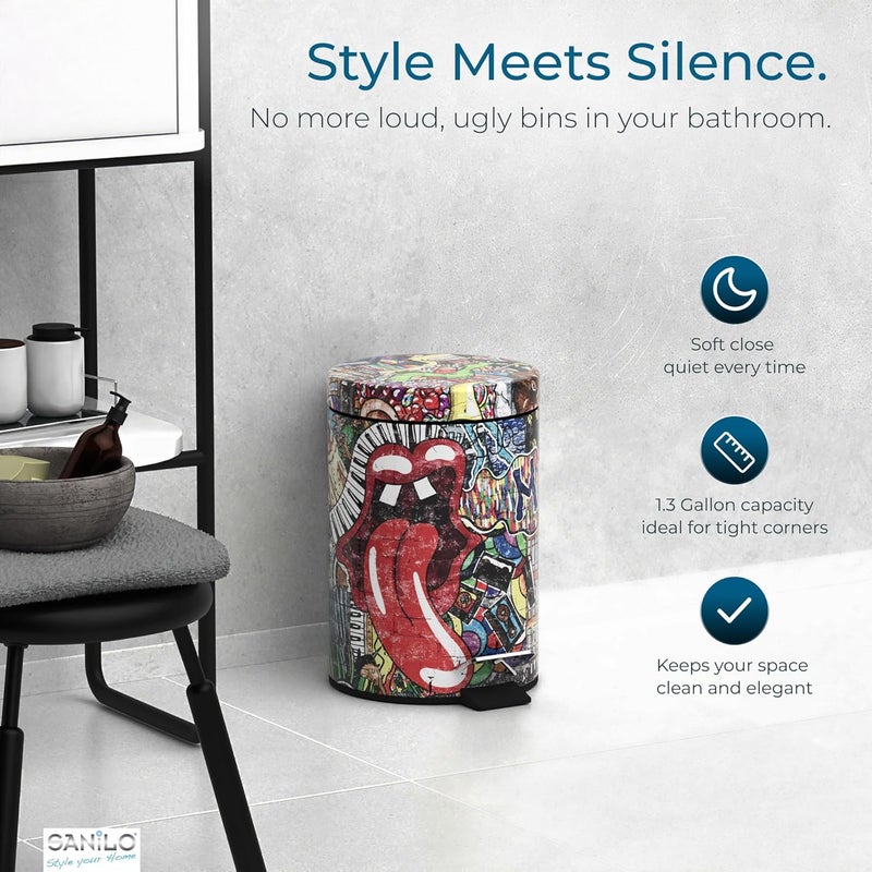 Sanilo Small Bathroom Trash Can with Lid [1.3 Gallon] - Lidded Tiny Trashcan for Garbage - Mini Metal Bin with Soft Closing Mechanism - Bath Room Accessoire Wastebin with Inner Bucket (Graffiti) - Image 3